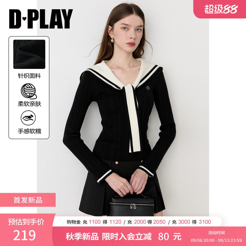 DPLAY黑色海军领针织衫女2026秋季新款学院风绑带修身长袖女上衣图片