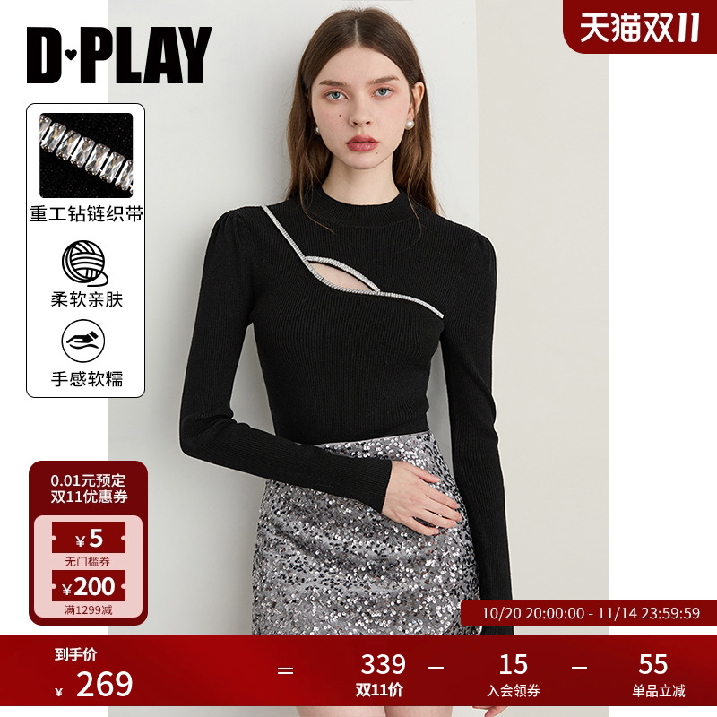 DPLAY2025年秋季新款黑色针织衫女含羊毛镂空设计修身打底衫上衣
