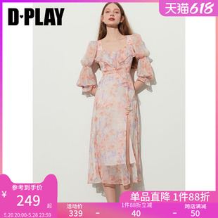 雪纺连衣裙艺术长裙 DPLAY2024夏海边度假裙粉色碎花裙荷叶边中袖