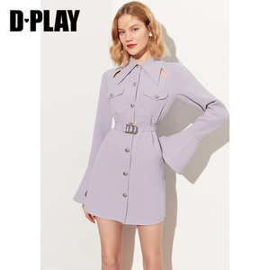 DPLAY秋新款优雅法式长秋花蓝金属扣插肩喇叭袖衬衫连衣裙