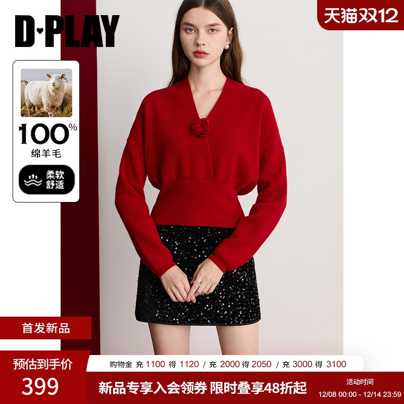DPLAY2025年冬季新款红色V领毛衣100绵羊毛气质针织衫上衣女