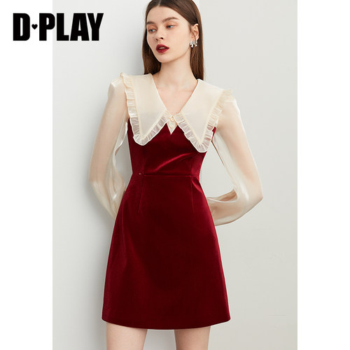 冬新酒翻领拼接丝绒连衣裙DPLAY