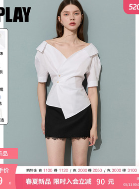 DPLAY白色翻领泡泡袖不对称收腰衬衫法式2026夏季新款女士上衣