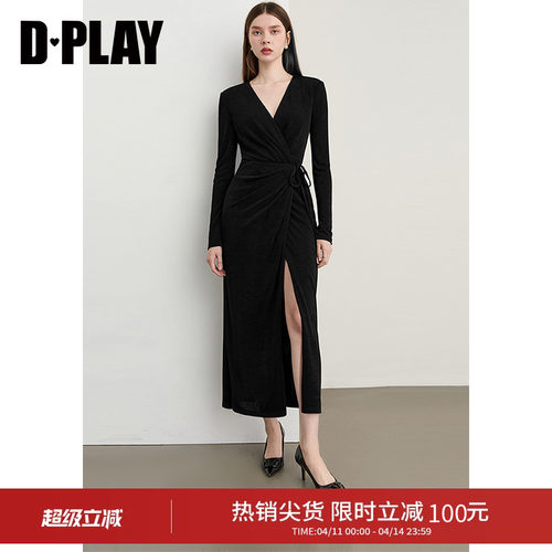 DPLAY小黑裙长裙V领绑带连衣裙