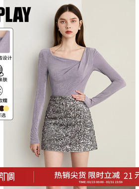 DPLAY2026年春季新款紫色上衣女漂亮修身长袖内搭气质好看打底衫