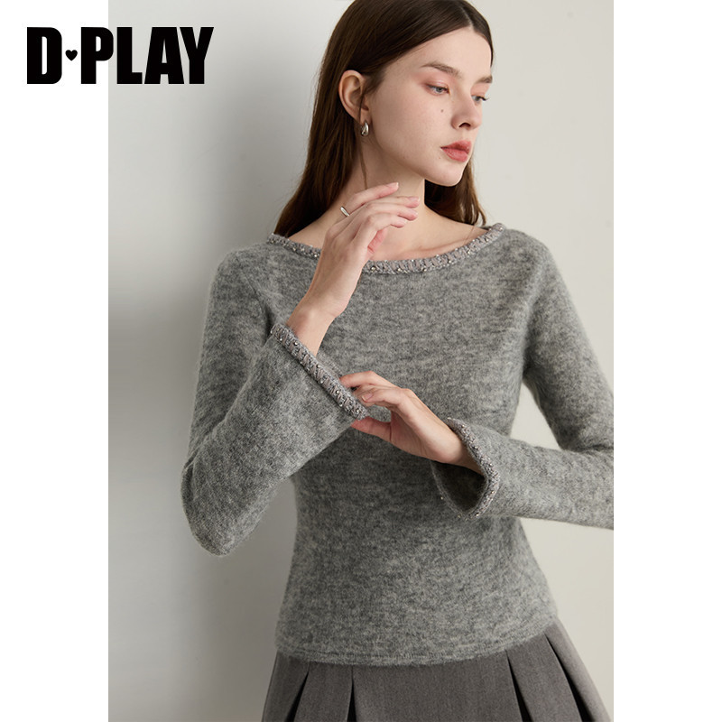 DPLAY2025年秋季新款灰色毛衣女烫钻设计感宽松别致通勤上衣,女装/女士精品,毛衣,淘宝优惠券,粉丝福利购,淘宝优惠卷