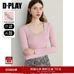 DPLAY【闪钻系列】新款亮钻圆领粉色针织衫女上衣毛衣