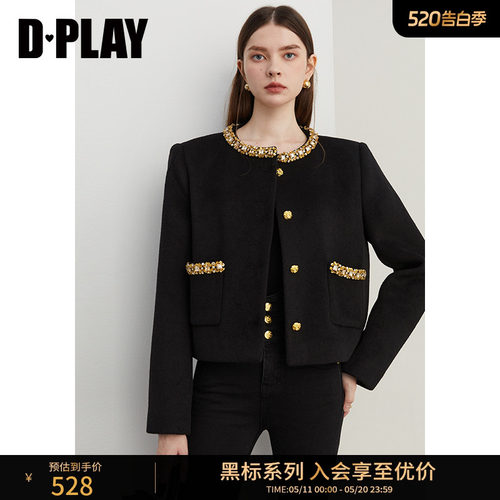 DPLAY圆领单排多扣粗花呢外套