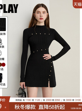 DPLAY2025年冬季新款黑色连衣裙女下摆开叉气质毛衣裙针织裙短裙