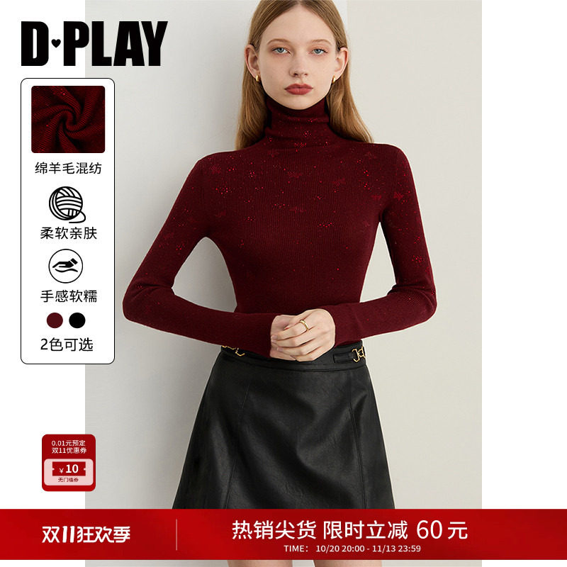 DPLAY红色针织衫女烫钻设计长袖高领上衣修身打底衫2026冬季