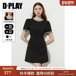 DPLAY2025年秋季新款黑色连衣裙女气质短款礼服裙子短袖小黑裙