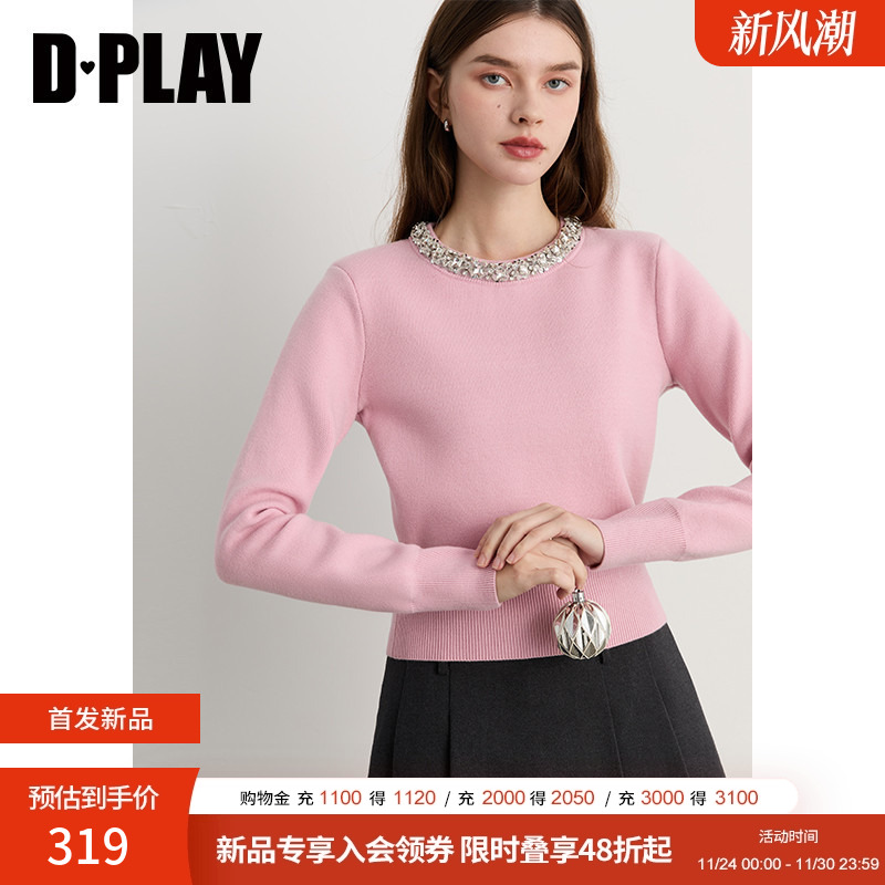 DPLAY2025年冬季新款粉色圆领针织衫闪钻温柔宽松好看毛衣上衣女