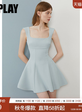 DPLAY2025年夏季新款绿色方领连衣裙女短款法式裙子收腰吊带短裙