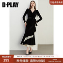 长款 DPLAY2025秋季 丝绒鱼尾裙修身 黑色连衣裙女气质法式 裙子 新款