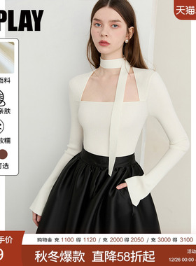 DPLAY2025年秋季新款白色针织衫女法式美背飘带设计修身长袖上衣