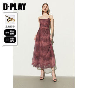 DPLAY夏季海边度假印花网纱吊带连衣裙女长款裙子沙滩裙