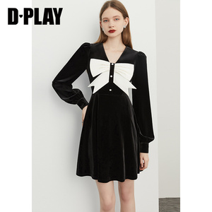 清仓DPLAY秋装新法式复古泡泡袖立体蝴蝶结丝绒大摆连衣裙短款