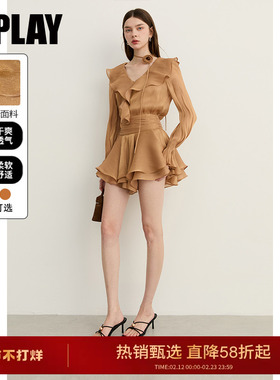 DPLAY气质黄色半身裙荷叶边短款法式半裙女短裙裙子女2026春