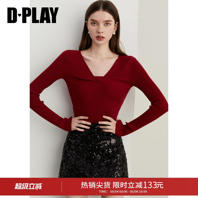 DPLAY秋季新款法式红色V领修身显瘦毛衣针织衫上衣长袖女