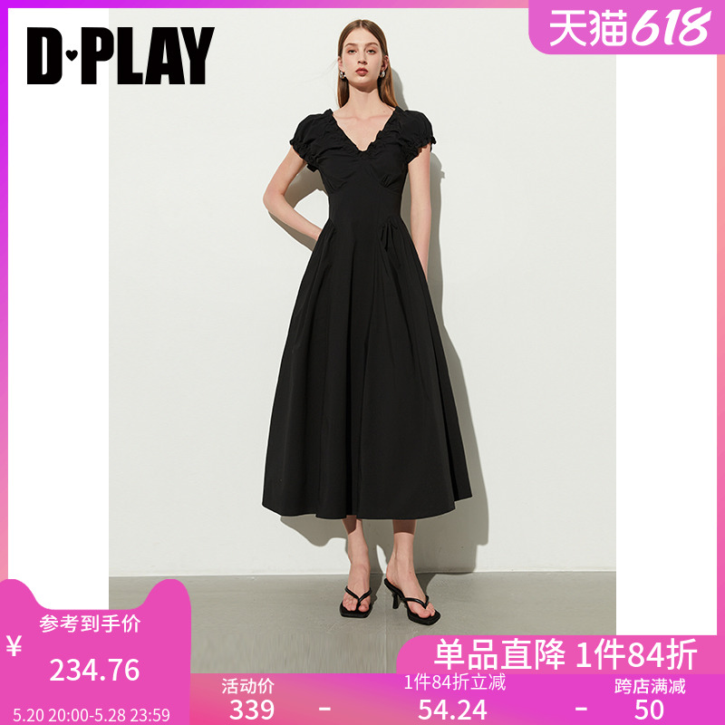 DPLAY2024夏季新款黑色法式V领芭蕾舞气质短袖连衣裙微胖小黑裙女