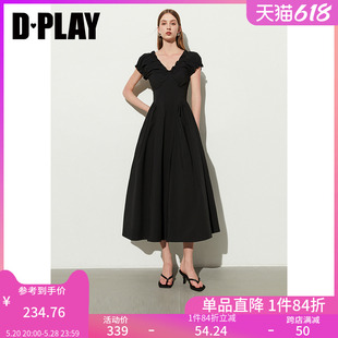 DPLAY2024夏季 黑色法式 V领芭蕾舞气质短袖 连衣裙微胖小黑裙女 新款