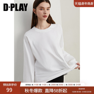 惠品 上衣长袖 2025春季 白色T恤女圆领纯棉宽松打底衫 新款 DPLAY