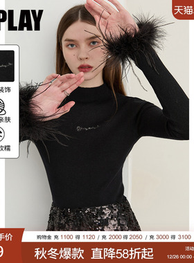 DPLAY2025秋季新款黑色针织衫女独特羽毛设计长袖上衣修身打底衫