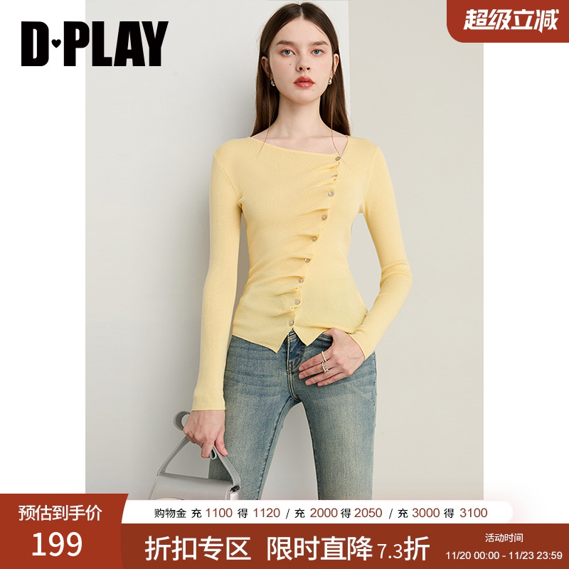 DPLAY2025年秋季新款黄色斜领上衣女单排扣羊毛优雅时尚针织衫