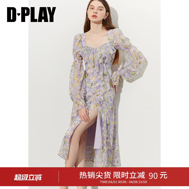 DPLAY紫色连衣裙女海边度假沙滩裙雪纺设计感碎花裙长裙26春