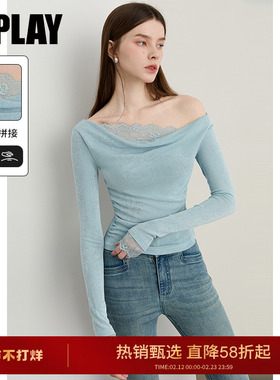 DPLAY2025年秋季新款蓝色t恤女好看独特荡领拼接蕾丝长袖上衣