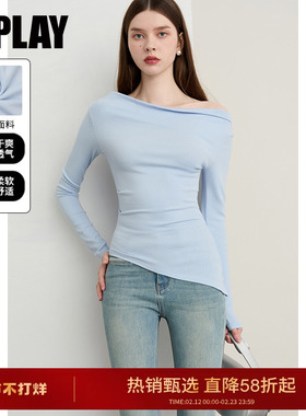 DPLAY【惠品】2025年秋季新款蓝色t恤女修身不规则打底衫长袖上衣