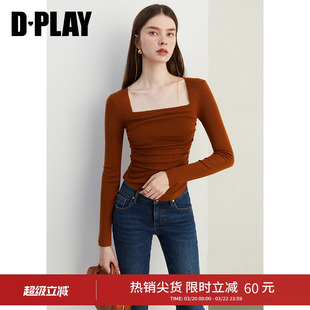 DPLAY秋季新款气质方领复古红色T恤女羊毛针织衫上衣长袖