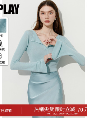 DPLAY蓝色毛衣女气质修身针织衫春季衣服新款法式长袖上衣小衫