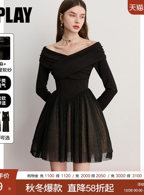 DPLAY【小黑裙系列】2025年冬季黑色短裙长袖晚礼服一字肩连衣裙
