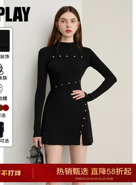 DPLAY黑色连衣裙女裙子春季新款下摆开叉气质毛衣裙针织裙短裙
