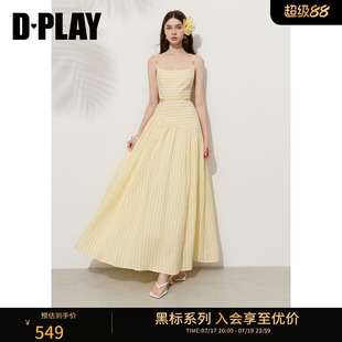 DPLAY【黑标】莱赛尔黄色条纹露背度假吊带连衣裙夏季新款沙滩裙
