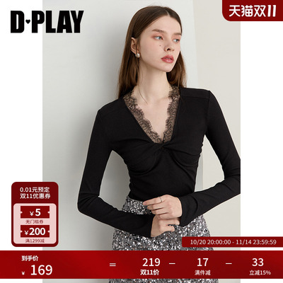 DPLAY2025年秋季新款黑色t恤女独特法式拼接蕾丝修身长袖上衣