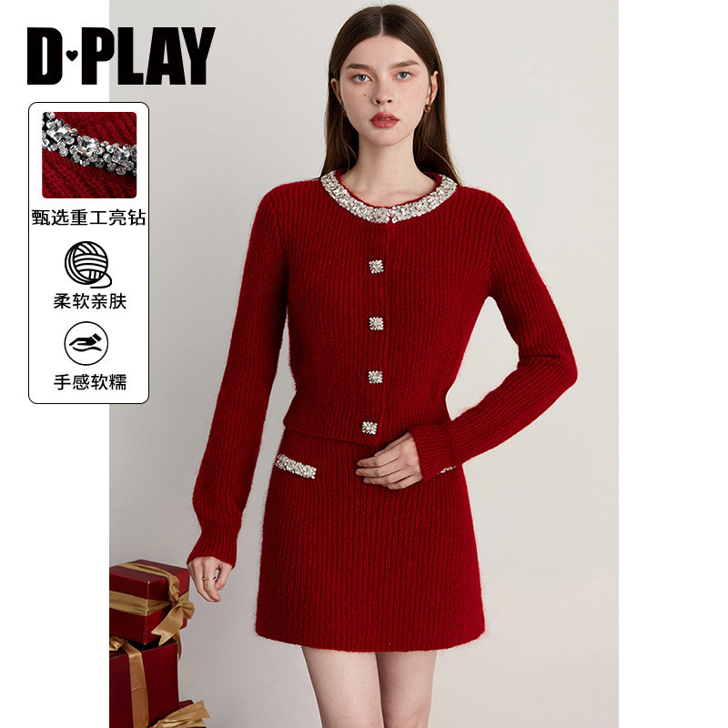 DPLAY【黑标】【轻奢闪钻系列】2025年冬季红色马海毛针织衫上衣