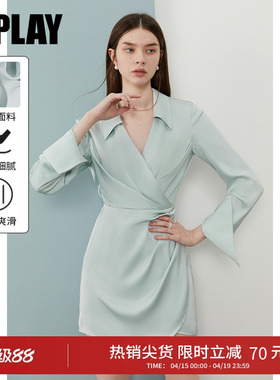 DPLAY2026春季新款气质蓝色连衣裙女收腰缎面衬衫裙长袖裙子短裙