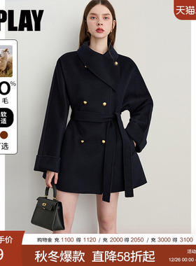 DPLAY2025年冬季新款藏青色毛呢外套女100羊毛流行双面呢子大衣