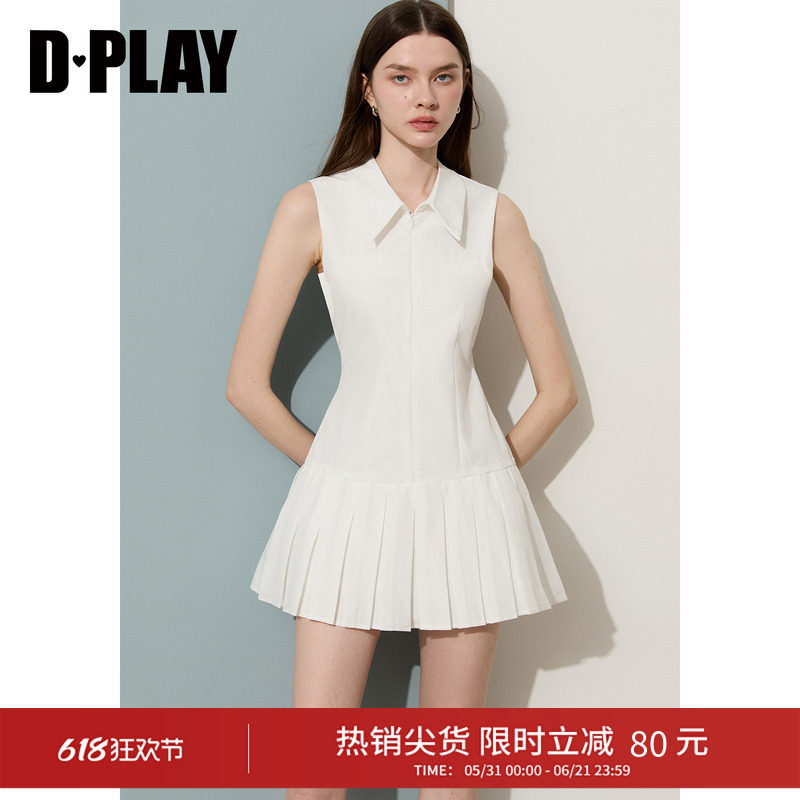 DPLAY白色衬衫领无袖百褶裙网球连衣裙2026年夏季小个子短裙白裙
