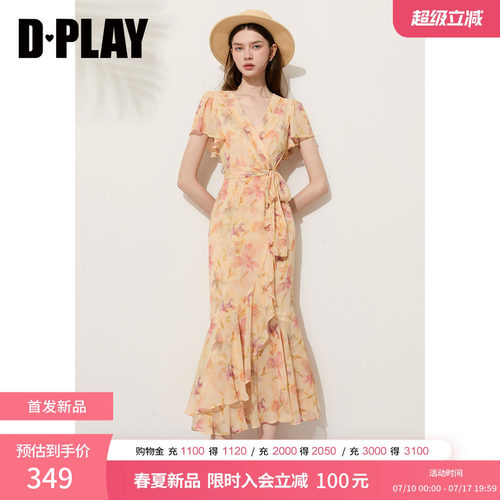 DPLAY【法式茶歇系列】度假黄色印花荷叶短袖连衣裙2026夏季新款
