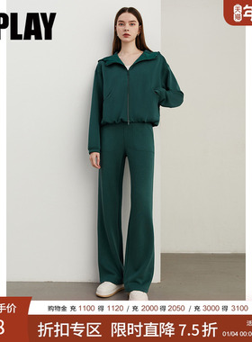 DPLAY冬季新款休闲绿色双开拉链连帽卫衣外套宽松上衣长袖女