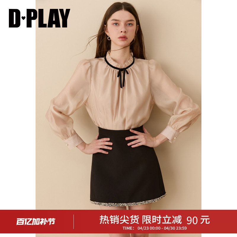 DPLAY香槟粉衬衫女撞色合体蝴蝶结烫钻蕾丝雪纺衫上衣2026年春季