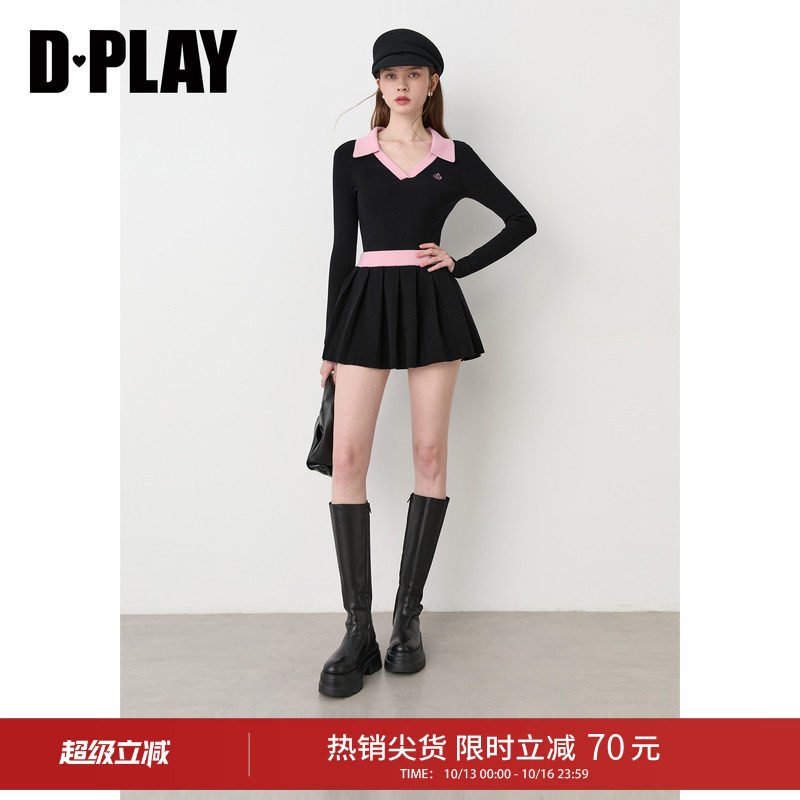 DPLAY黑粉撞色polo领针织套装女修身上衣百褶短裙两件套2026秋季