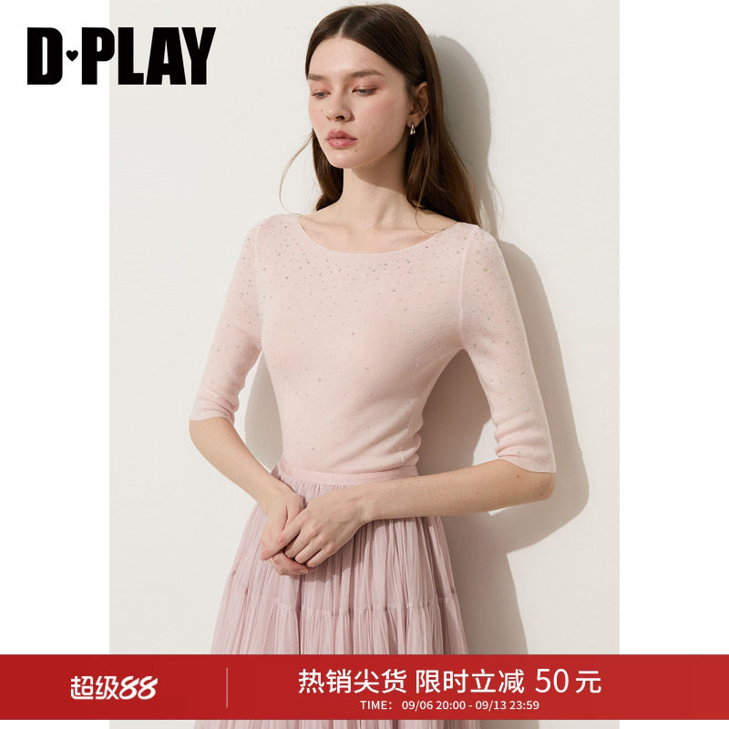 DPLAY粉色修身中袖烫钻感针织衫温柔风2026夏季新款女士上衣图片