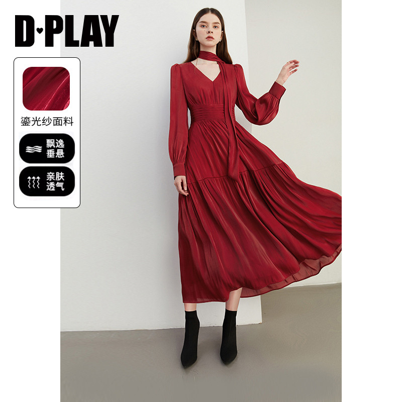 DPLAY秋季新款气质法式红色连衣裙女飘带长袖度假沙滩裙