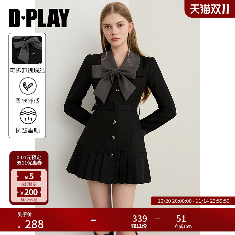 DPLAY2025年秋季新款黑色连衣裙女独特蝴蝶结收腰短款裙子短裙