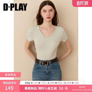 上衣2026年夏季 V领T恤女显瘦基础款 修身 DPLAY莱赛尔绿色小衫