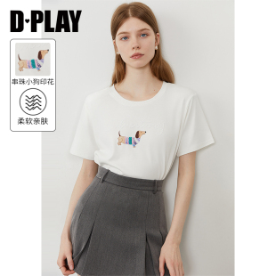 DPLAY2025年夏季 新款 白色t恤女好看小狗图案小众圆领短袖 上衣女款